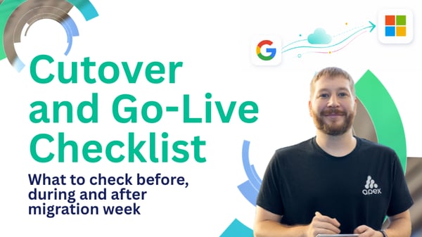Cutover and go-live checklist cover showing an Apex employee, smiling to camera