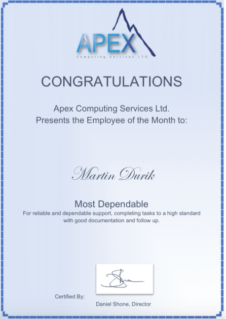 Martin Durik receives the 'Employee of the Month' Award!