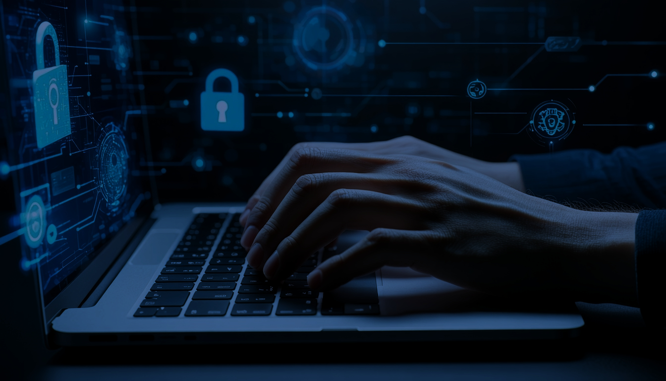 someone typing on a laptop with cyber security-1-1